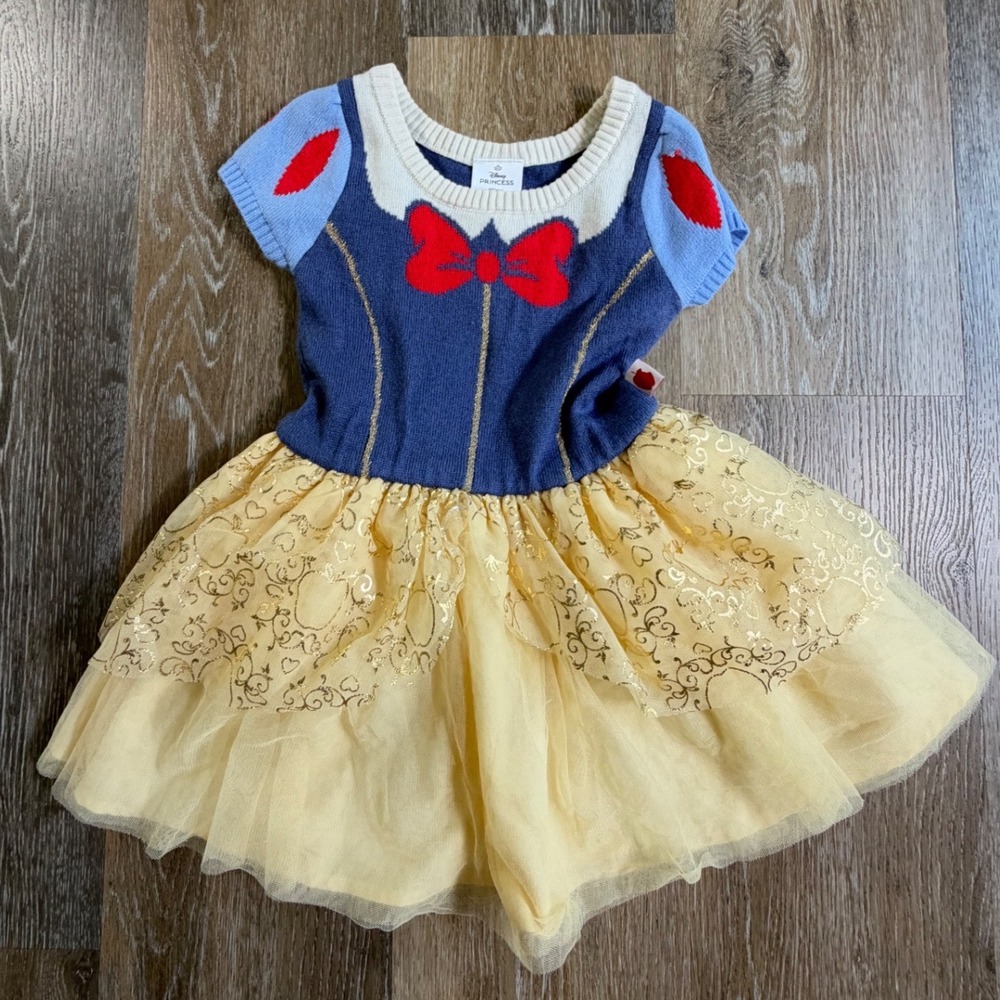 Disney Princess Sweater Dress Kids 3T Blue Yellow Snow White Tulle Gold Bow
